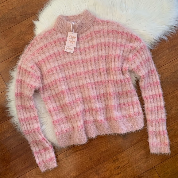 NWT•Candie's Cozy & Soft Mock Neck Pullover Crop Sweater in Pink Stripe-Size L - Picture 2 of 12